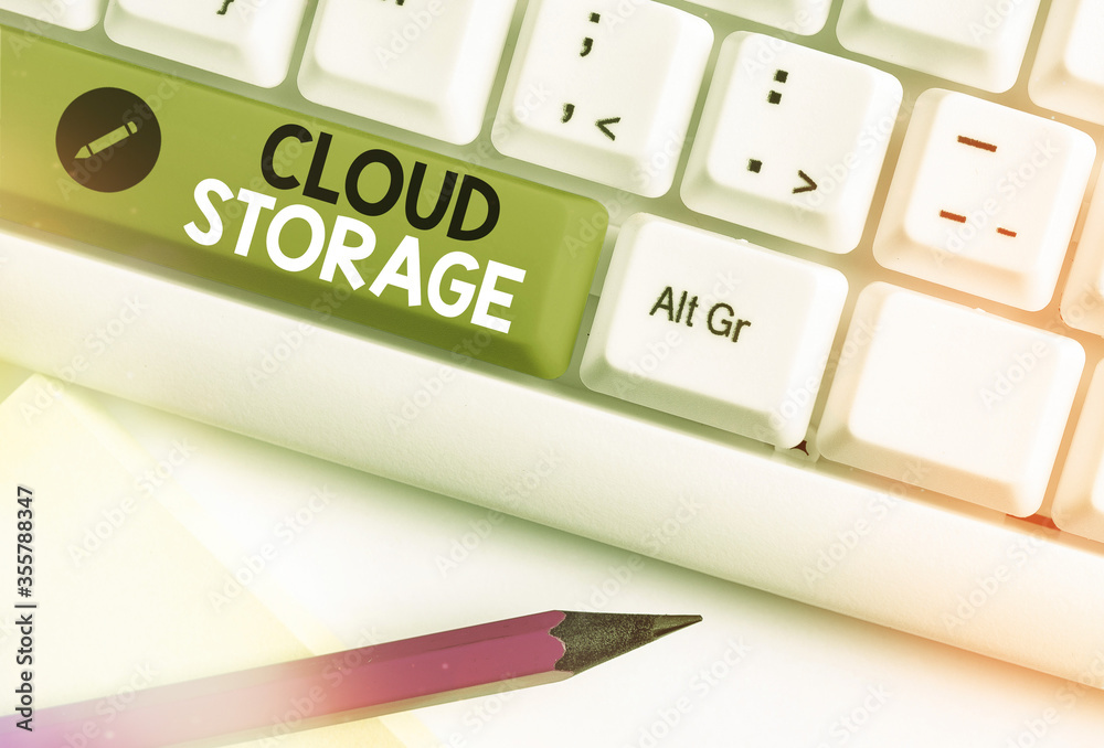 Poster writing note showing cloud storage. business concept for computing connect devices to cloud data on 