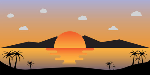 Fototapeta na wymiar Sunset or sunrise in ocean, nature landscape background. Vector flat style.