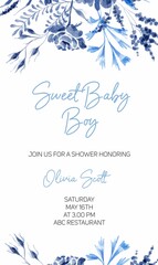 Invitation wedding card. baby shower party. flowers. roses. peonies. leaves. blue. indigo. template. frame.