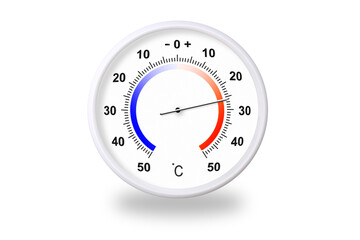 Outdoor thermometer on white background. Ambient temperature plus 26 degrees celsius