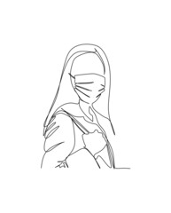 A long hair young girl looking at the camera wearing surgical mask to prevent virus infection. Continuous single line illustration drawing vector