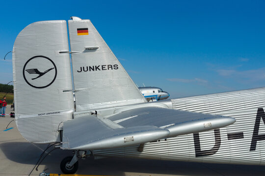 BERLIN - SEPTEMBER 14: Empennage German passenger aircraft Junkers Ju 52, the airline "Lufthansa", International Aerospace Exhibition "ILA Berlin Air Show", September 14, 2012 in Berlin, Germany