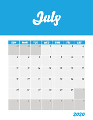 July 2020 Calendar Sheet. Week Start Sunday Modern Design Template.