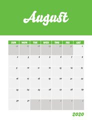 August 2020 Calendar Sheet. Week Start Sunday Modern Design Template.