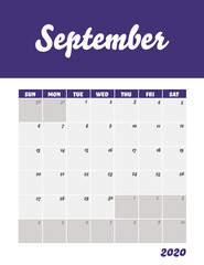 September 2020 Calendar Sheet. Week Start Sunday Modern Design Template.