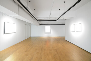 Modern museum art, empty Gallery interior space, white walls and wood floors