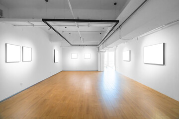 Modern museum art, empty Gallery interior space, white walls and wood floors