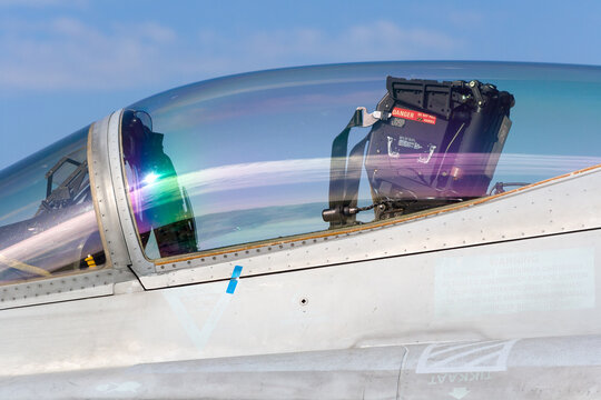 BERLIN - SEPTEMBER 14, 2012: Cockpit of American carrier-based fighter-bombers and attack aircraft McDonnell Douglas F/A-18 Hornet, International Aerospace Exhibition "ILA Berlin Air Show".