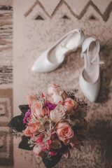 bridal bouquet and shoes, wedding concept