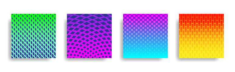 Abstract colorful halftone geometric shapes background set, graphic banner cover and advertising design layout template. Eps10 vector.