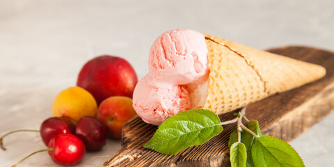 ice cream, berries and fruit on a table, selective focus