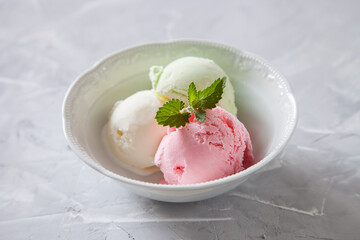ice cream in a bowl on a table, selective focus
