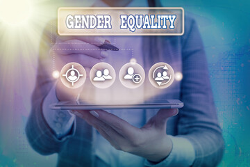 Conceptual hand writing showing Gender Equality. Concept meaning access to same privilege given to...