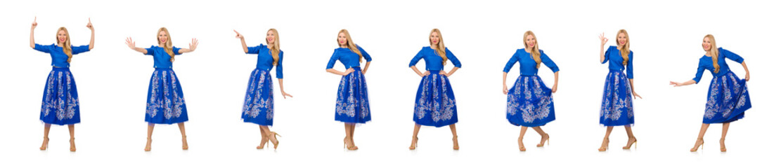 Woman in blue dress with flower prints isolated on white