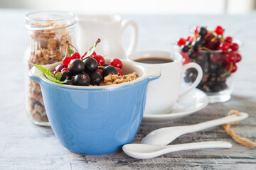 muesli with berries in a plate on a table, selective focus