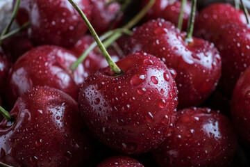 Red cherry berry  with drops of water at rustic ceramic plate at wooden background