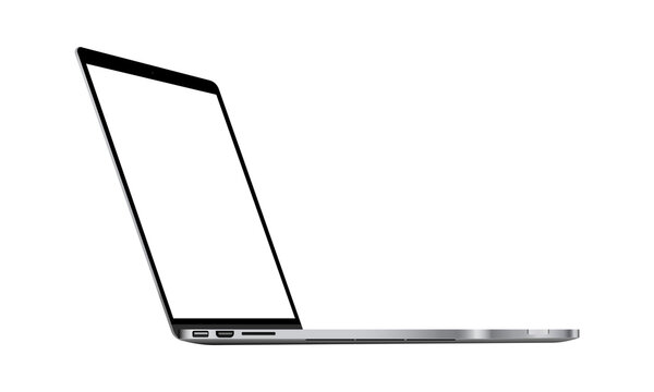 Laptop computer mockup with perspective side view, isolated on white background. Vector illustration