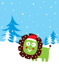 cute lion merry christmas greeting card vector