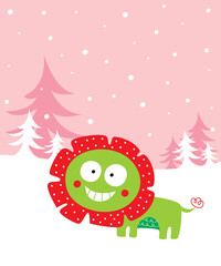 cute lion merry christmas greeting card vector