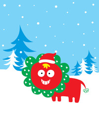 cute lion merry christmas greeting card vector