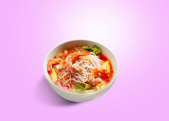 Tom Yam Shrimp soup with Thai spices, spicy gravy topped with celery, vermicelli and mushrooms