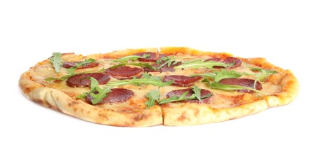 Tasty pepperoni pizza with arugula isolated on white