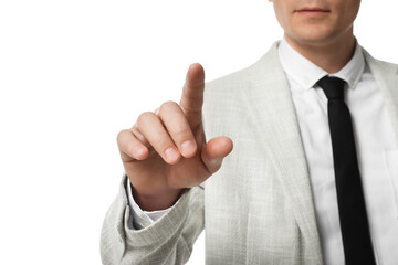 Businessman touching something on white background, closeup