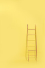 Modern wooden ladder on yellow background. Space for text