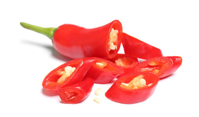 Cut red hot chili pepper on white background