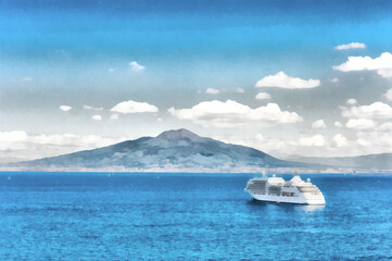 Fototapeta na wymiar Watercolor illustration of a cruise ship at sea and mount Vesuvius in the background.