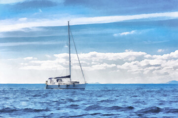 Fototapeta premium Watercolor illustration of a boat at sea.