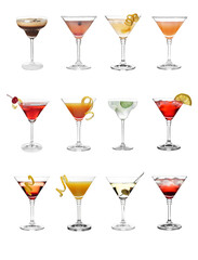 Set with different martini cocktails on white background