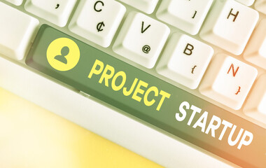 Text sign showing Project Startup. Business photo showcasing the initial opportunity of a young...