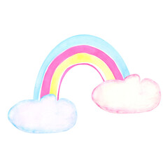 Hand-drawn watercolor rainbow and clouds isolated on white background. Cute colorful illustration for your design.