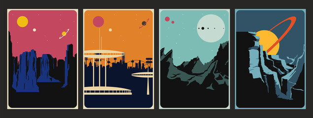 Retro Future Space Poster Set, Alien Planet Landscapes, Mid Century Modern Art Style  - obrazy, fototapety, plakaty