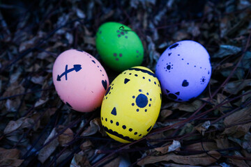 colorful painted easter eggs on soil in garden