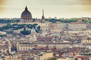 Fototapeta na wymiar Rome Vatican Italy high angle view sunset city skyline in Retro