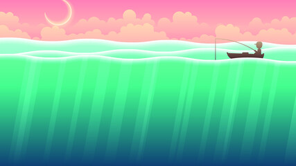 Abstract Orange Water Ocean Sea Nature Background Vector With Boat