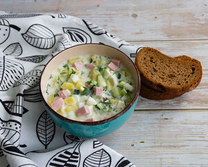 Okroshka cold soup with vegetables and herbs