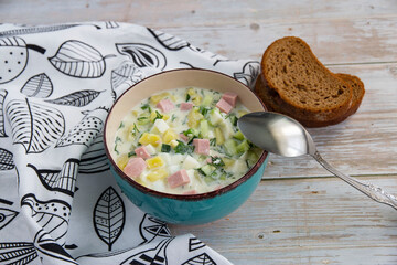 Okroshka cold soup with vegetables and herbs