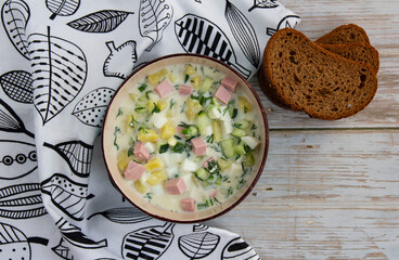 Okroshka cold soup with vegetables and herbs