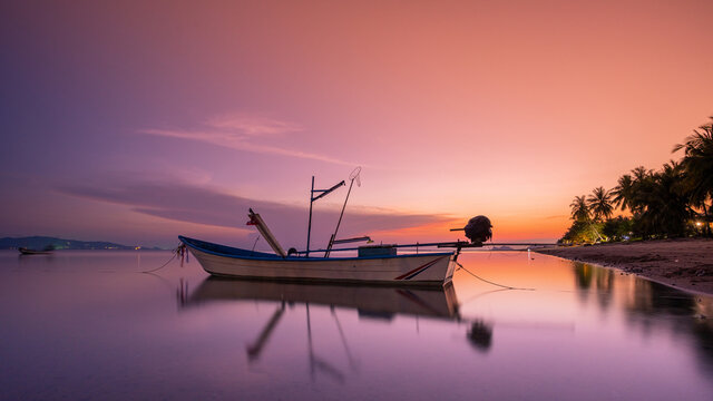 Colorful twilight in evening over seascape at Baan khai beach, Koh Phangan, Thailand. Long exposure photography.