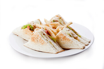 Sandwiches and french fries. White bread stuffed with lettuce, tuna fish flakes, sliced cheese, salami, smoked beef, tomatoes. cucumber.