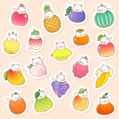 Set of kawaii stickers. Illustration of a cute white kittens with fruits. Vector 8 EPS.