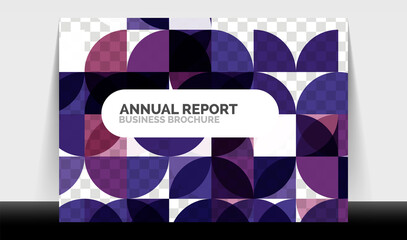 Horizontal A4 business flyer annual report template, circles and triangle style shapes modern geometric design for brochure layout, magazine or booklet