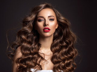 Beautiful woman with long brown hair and red lipstick.
