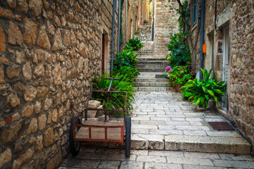 Narrow street in Hvar old town, Dalmatia, Croatia