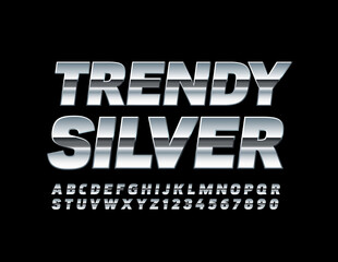 Vector Trendy Silver Font. Shiny Metallic Alphabet. Reflective Letters and Numbers 