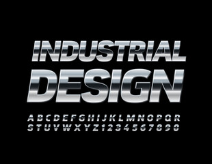 Vector Industrial Design Metallic Font. Silver shiny Alphabet Letters and Numbers