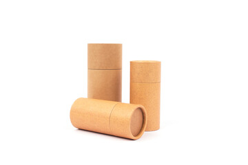 Brown paper tubes isolated on white. Recyclable and reusable ecological paper packaging concept. Mockup